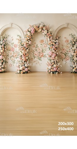 Tło fotograficzne „Kremowa ściana z różami i kwiatową pergolą – elegancka klasyka” | 4106